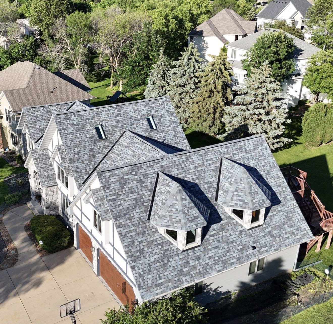 Completed roofing project aerial view